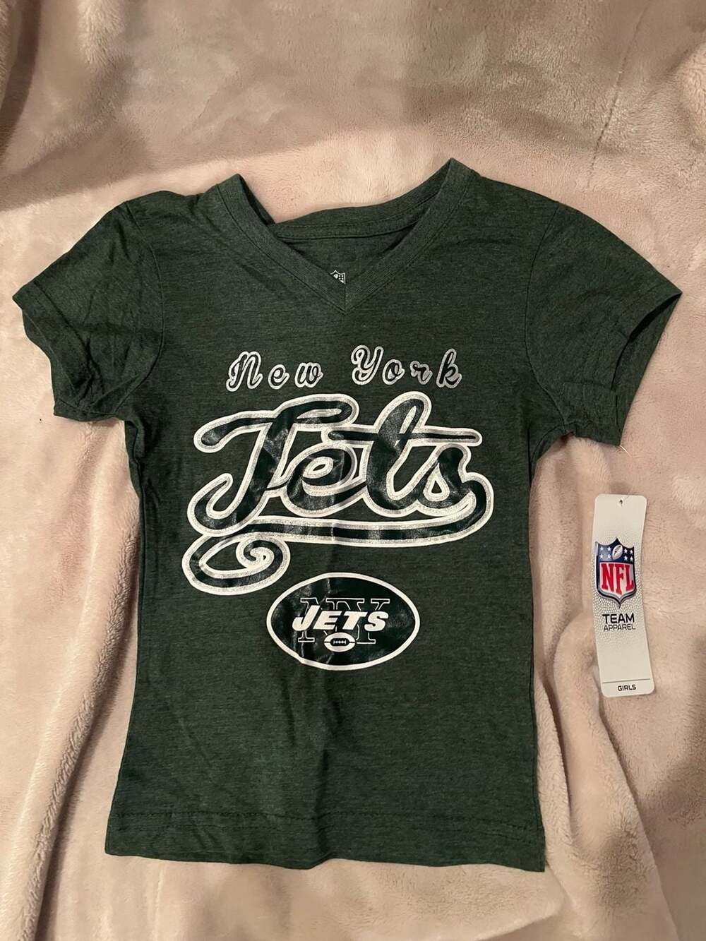 NFL New York Jets Girls V-Neck T-Shirt Size XS 4/5 Green